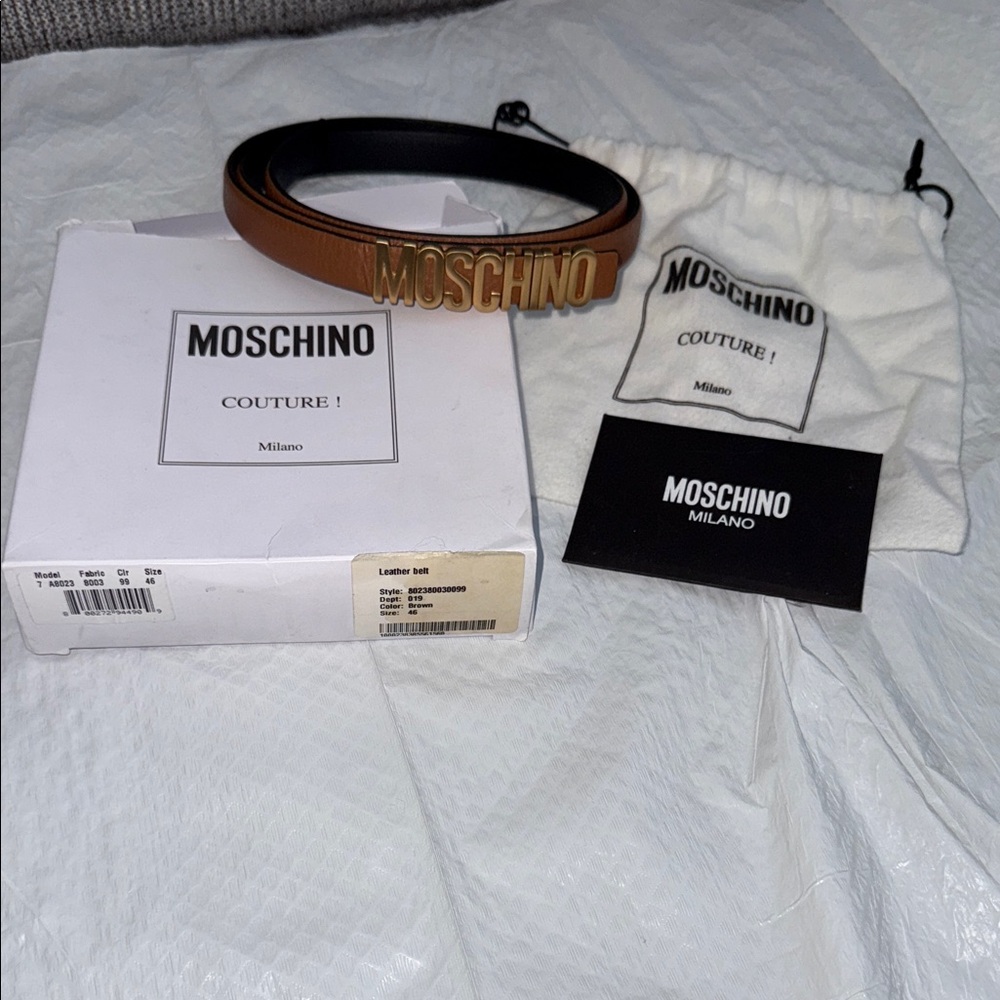Moschino Brown Leather Belt with Gold Logo - Picture 2 of 4